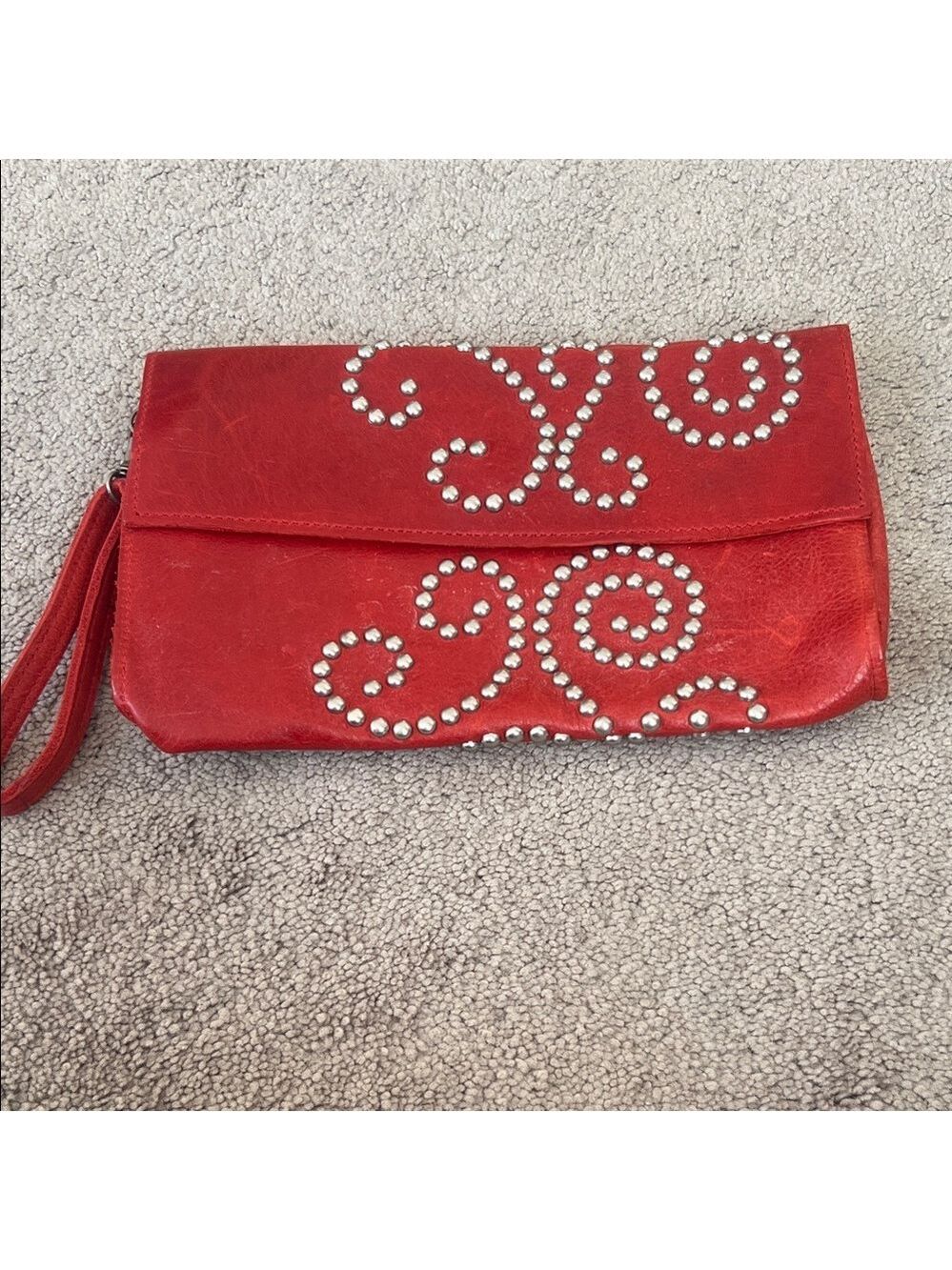 McFadin Red Leather Studded Clutch Bag